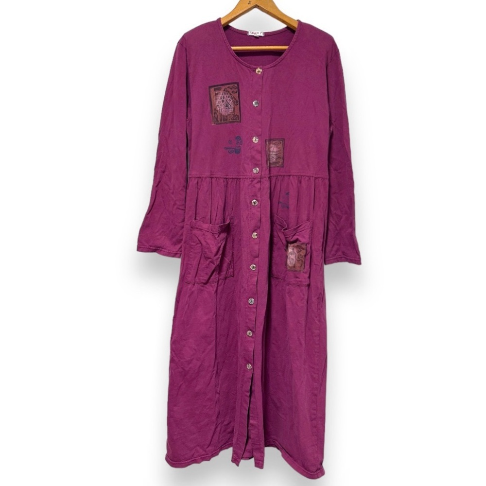 Vintage 90s Burgundy Hand Painted Long Sleeve Dress Women’s Sz Large Boho Artsy